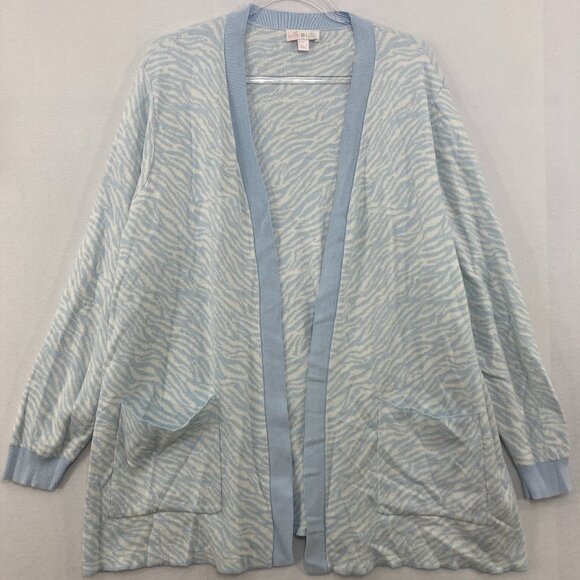 Belle by Kim Gravel Blue White Zebra Print Open Front Relaxed Knit Cardigan XL - Picture 1 of 10